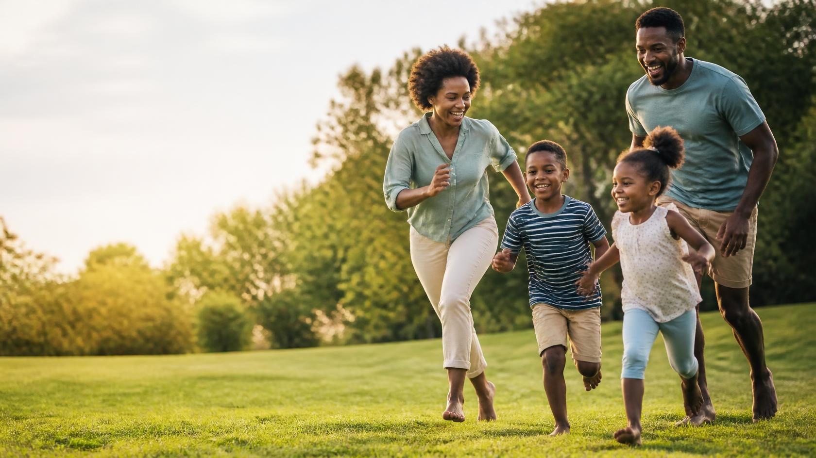A happy family laughing and running together across a green lawn